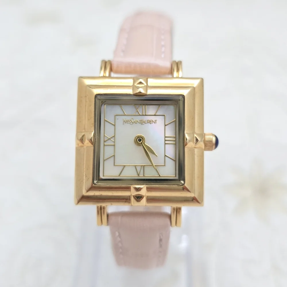 YSL Yves Saint Laurent Tank Watch 23mm Case Art Deco Mother of Pearl Pink Strap - Picture 10 of 11